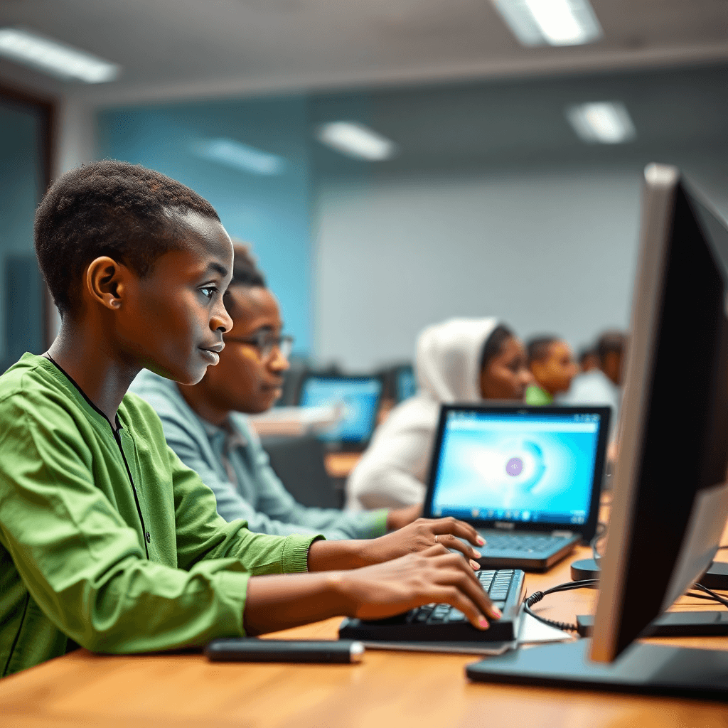 Nigerian youth learning technology and digital skills, computer training, education, empowerment, modern classroom setting